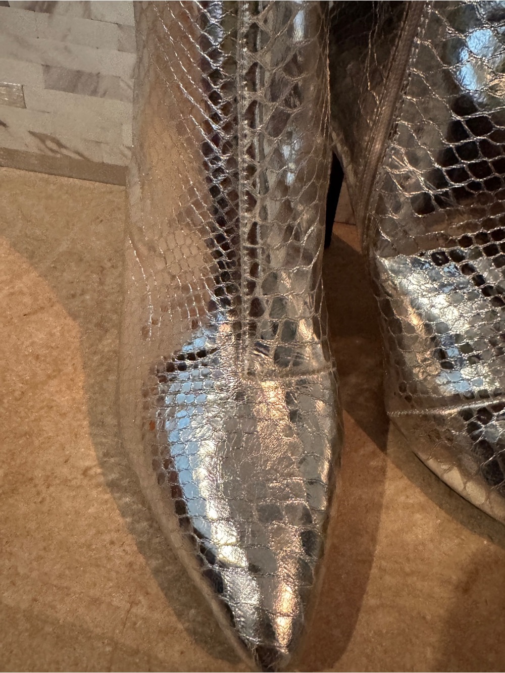 INC International Concepts Metallic Silver Snakeskin Pointed-Toe Heeled Boots